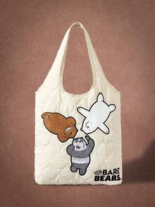 We Bare Bears X SHEIN 女士米色卡通刺绣时尚百搭单肩包/流浪包，街头风，甜美酷女孩必备 - 米色 - 查看 1