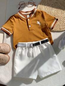 SHEIN 3件套男婴休闲学院风翻领polo衫，白色短裤配腰带，适合生日派对、锐舞派对、晚宴、演出、婚礼、迎婴派对、一周岁生日庆祝等场合。