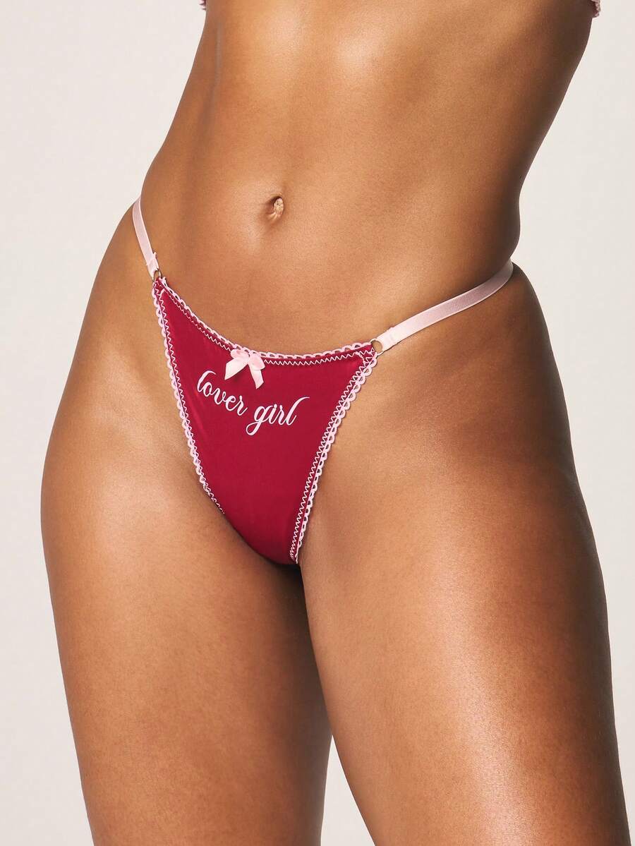 MISSGUIDED 刺绣字母丁字裤，撞色滚边，粉色蝴蝶结装饰