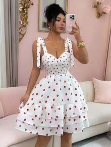 SHEIN Elenzya Đầm ngắn xòe dáng tiêu chuẩn, màu trắng in hình dâu tây, kiểu dáng thanh lịch, buộc dây, thích hợp cho các dịp thường ngày, hẹn hò, đi biển, tiệc hè và đám cưới. - trắng - Xem 3