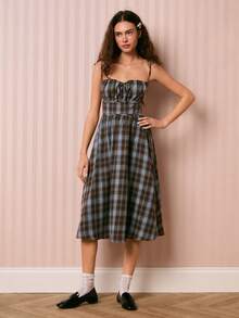Easelle Women's Sleeveless Plaid Backless Spaghetti Strap Dress Vintage Party Summer Clothes Valentine's Day Beach Outfit For Women - Aqua Green - View 5