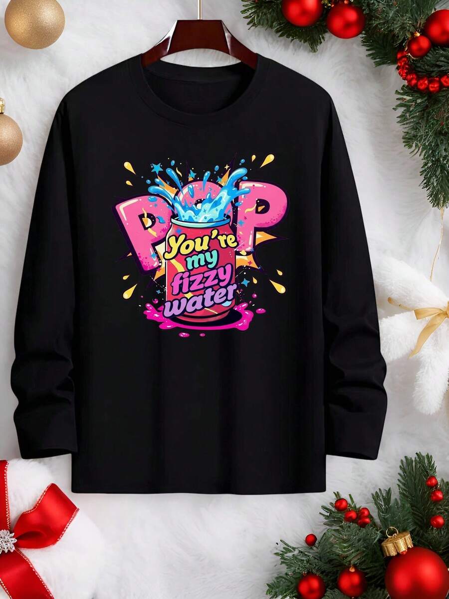 Velminro Men's Slogan & Soda Print Long Sleeve Loungewear Top, Spring/Autumn - Black - View 1