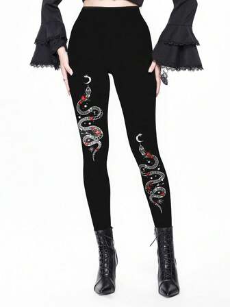 Leggings moulants sexy avec motifs gothiques de serpent, rose, jardin floral, soleil, lune et étoiles pour femmes