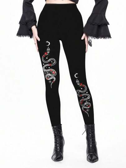 Goth Leggings aderenti da donna con motivi floreali di rose e serpenti, giardino gotico, sole, luna e stelle
