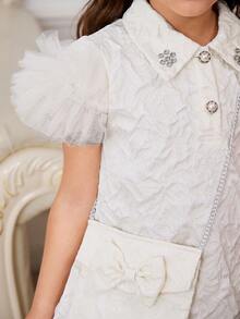 Vestito da principessa per bambine e ragazze, nuova versione coreana per l'estate, in tessuto jacquard con piccolo colletto, decorato con diamanti, maniche a balze e design in rete, linea ad A. Borsa a tracolla diagonale con fiocco, color albicocca, semplice ed elegante, adatto per feste di compleanno e occasioni di lusso. - Cachi - Visualizzare 6