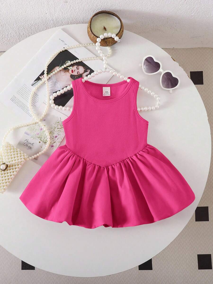 SHEIN Cute Babygirl Pink Knitted Sleeveless Romper For Summer - Hot Pink - View 1