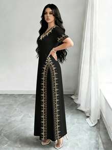 SHEIN Najma Đầm ngắn tay cổ chữ V in họa tiết hoa lá thanh lịch dành cho nữ, thích hợp cho mùa xuân/hè. - Nhiều màu - Xem 4