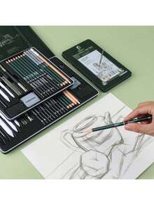 10/12/19/27 素描铅笔套装，专业艺术炭笔绘画套装，素描和人体素描便携式铁盒套装，不含炭笔，不含木柄 - 素描鐵盒裝 - 查看 14