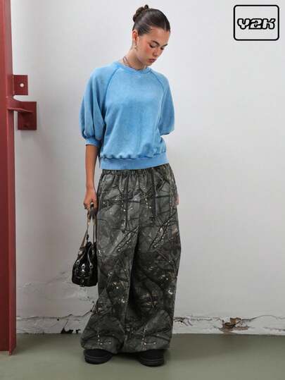 COUREZ 常规版型灯笼袖水洗蓝色针织卫衣 / Y2K 出门穿搭 冬季服装 秋季女装 冬季女装 出门上衣