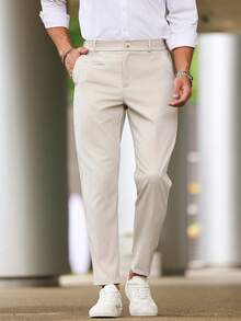 Manfinity Homme Men's Solid Color Slant Pocket Button Casual Pants Men Dress Pants Men's Trousers Men High Waisted Pants Men Beige Pants Men Slim Fit Pants,Boyfriend's Gift - Beige - View 4