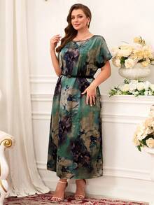 Miaspire 大码碎花圆领短袖连衣裙 - 墨綠色 - 查看 1