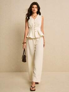 Poéselle 女士金属海星单排扣褶裥下摆马甲和阔腿裤优雅套装 - 杏色 - 查看 2