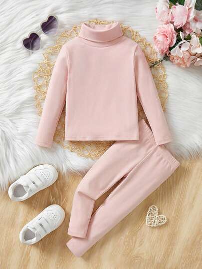 SHEIN Babyflicka Figurnära Casual Minimalistisk Bekväm Hög Hals Enfärgad Topp Och Byxor Set