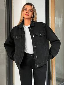 EURMUSE 宽松剪裁水洗落肩宽松牛仔夹克，百搭 - 黑色 - 查看 5