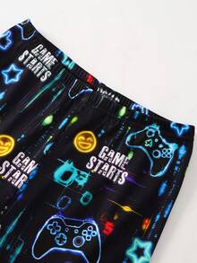 SHEIN GraphicGems 2pcs/Set Gamer Boy Graphic Print Glowing Round Neck Short Sleeve T-Shirt And Shorts Pajama Set, Stretchy Soft Knit Fabric - Multicolor - View 5
