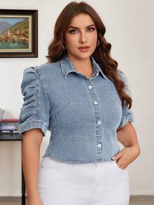 EMERY ROSE Große Größen einfarbige Denim Jacke mit Knopfleiste und eleganten Kurzärmeln - Helle Waschung - Übersicht 6