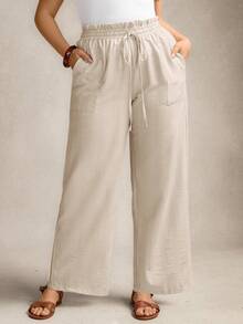 Zelara 大码女式休闲纯色直筒裤，适合夏季假期、情人节、春假等各种场合。 - 卡其色 - 查看 7