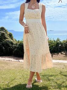 DAZY Camicia da notte lunga da donna con patchwork floreale, bordi a contrasto e cinturino largo in vita - Albicocca - Visualizzare 8