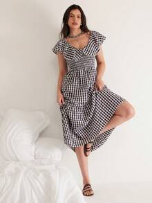 Freevana Đầm dáng chữ A dài, dáng suông, họa tiết kẻ caro đen kiểu Bohemian cổ điển, cỡ lớn, cổ vuông, eo thắt, có túi, xếp lớp, kiểu dáng đồng quê, đa năng, thích hợp cho mùa xuân, giúp tôn dáng. - màu đen - Xem 4