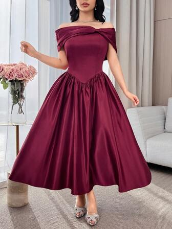 Feyla Women's Fashionable Off-Shoulder Midi Dress, Solid Color, Suitable For Party