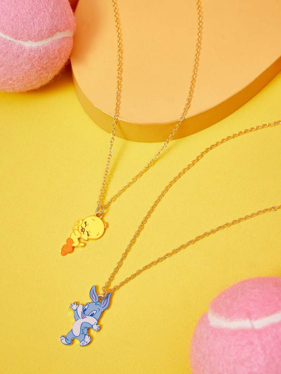 LOONEY TUNES X SHEIN Zinc Alloy Cartoon Pattern Printed Delicate Chain Necklace Set, Simple & Cute, Elegant & Niche, Suitable For Party, Concert, Festival - Gold - View 1