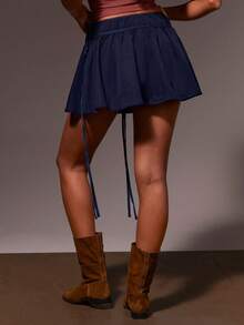 Athîral Women's Navy Blue Drawstring Skirt,Elegant Chic Autumn Date Vacation Wear,Woven Solid Color Tie Skort For Women,Lace Up Shorts Outdoor Fitness Skirt - Navy Blue - View 6
