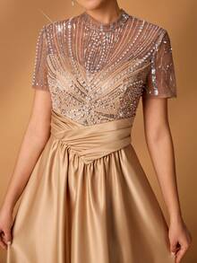 Serin Elegant Champagne Gold Spring Wedding Formal Party Dress,Luxurious Pearl Beaded Sequin Embroidered Sheer Sleeve Satin Ruched Maxi Evening Gown,Gala - Champagne - View 1