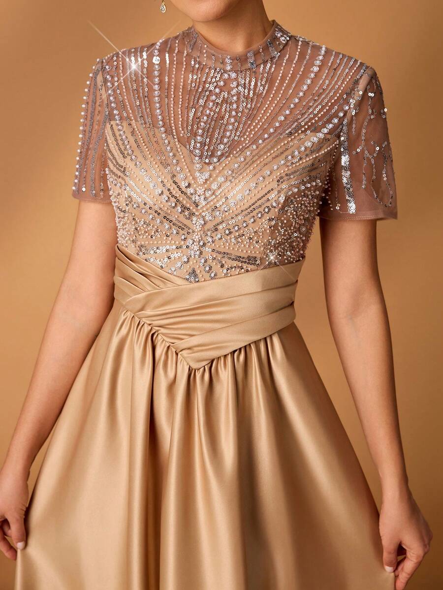 Serin Elegant Champagne Gold Spring Wedding Formal Party Dress,Luxurious Pearl Beaded Sequin Embroidered Sheer Sleeve Satin Ruched Maxi Evening Gown,Gala - Champagne - View 1