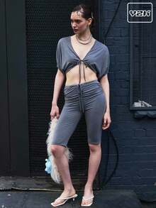 COUREZ Ruched Front Longline Fitted Shorts /Summer Shorts Y2K Streetwear Cute Vintage - Dark Grey - View 1