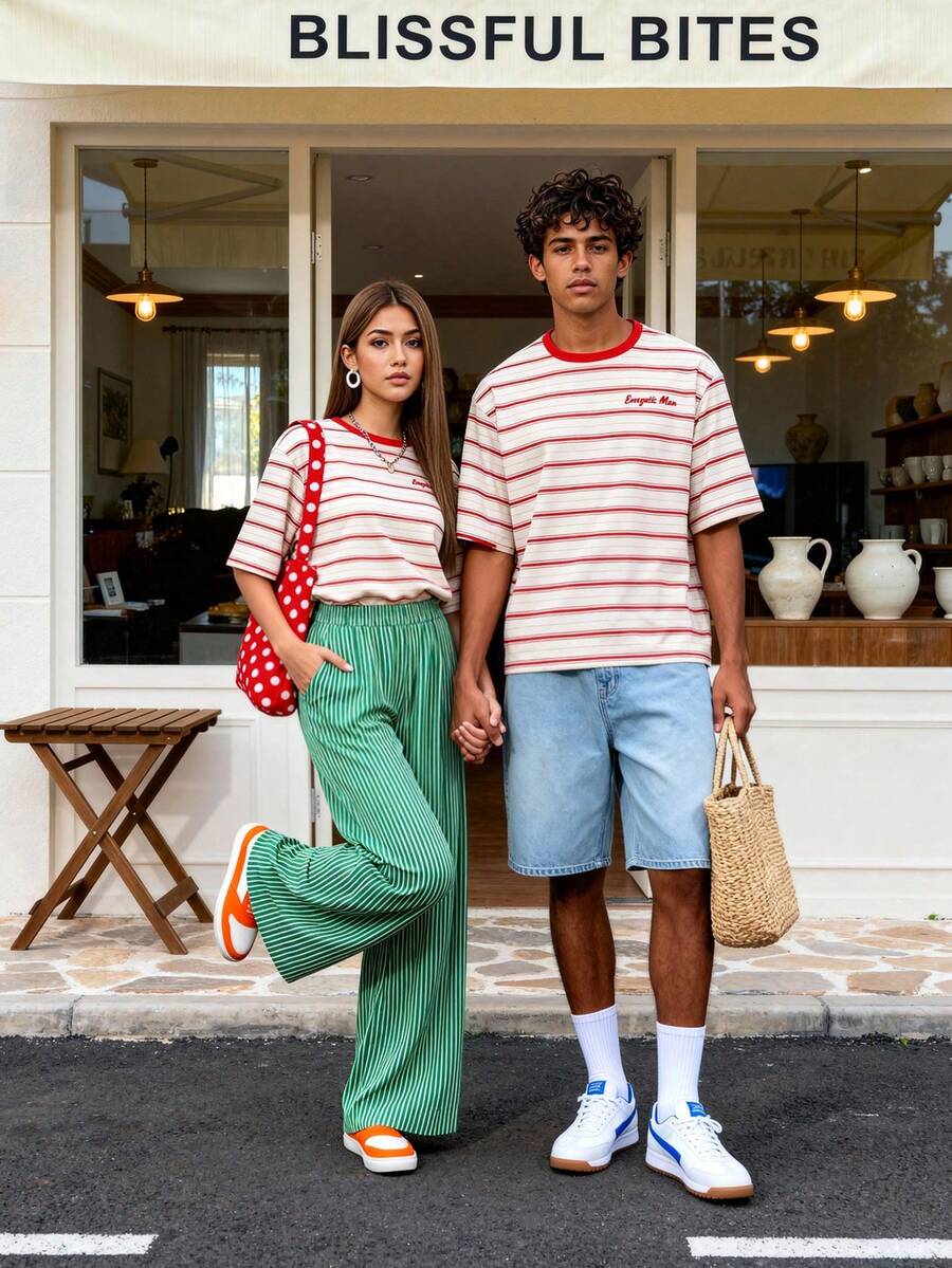 Manfinity VCAY Men's Striped T-Shirt Everyday Casual Top Loose Fit Round Neck T-Shirt - Red - View 1