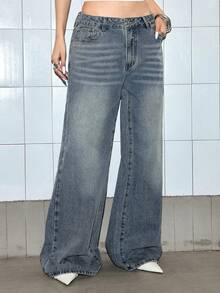 ROMWE Grunge Punk Women's Casual Printed Denim Jeans - Blue - View 7