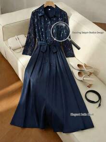 Chikora Váy sơ mi tay 3/4 họa tiết hoa thêu chắp vá cỡ lớn cho nữ có túi thanh lịch - Màu xanh hải quân - Xem 10