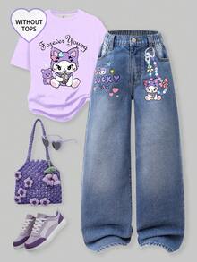 SHEIN ChillGRL Tween Girls' Flare Leg Jeans, Retro Street Fashion Sweet & Cute Casual Daily School Style Recommended For Back To School Season. Adorable Bow & Floral Print Design, Distressed Details Add A Streetwear Vibe, Elastic Waistband For Comfort, Asymmetric Waist Design, Loose Fit Flattering Silhouette, Suitable For Outings, Dates, Beach Vacations, Daily School Looks, Or Hangouts With Friends - Light Wash - View 1