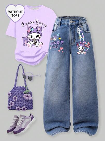 SHEIN ChillGRL 这款少女喇叭牛仔裤，复古街头风，甜美可爱，休闲百搭，是返校季的理想之选。可爱的蝴蝶结和花朵印花设计，做旧细节增添街头潮流感，弹性腰带穿着舒适，不对称腰身设计，宽松版型，修身显瘦。适合外出、约会、海滩度假、日常上学或与朋友聚会等各种场合。