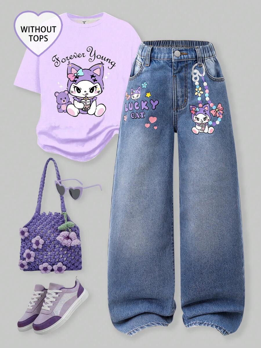 SHEIN ChillGRL Tween Girls' Flare Leg Jeans, Retro Street Fashion Sweet & Cute Casual Daily School Style Recommended For Back To School Season. Adorable Bow & Floral Print Design, Distressed Details Add A Streetwear Vibe, Elastic Waistband For Comfort, Asymmetric Waist Design, Loose Fit Flattering Silhouette, Suitable For Outings, Dates, Beach Vacations, Daily School Looks, Or Hangouts With Friends - Light Wash - View 1