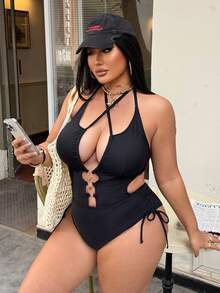 Swim SXY Plus Size Women Solid Color Hollow Out Halter Tie Waist Metal Decor Side Drawstring Sexy One-Piece Swimsuit - Black - View 5