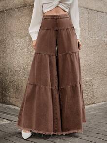 SHEIN SXY Pantalones vaqueros de pierna ancha con bolsillos, dobladillo deshilachado, de ajuste holgado y versátil para uso casual y de oficina para mujeres - Café integral - Ver 12