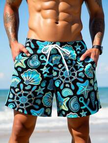 Manfinity Swimmode 男士全印花抽绳腰斜插口袋沙滩短裤 - 薄荷藍 - 查看 4