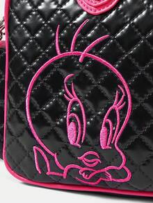 LOONEY TUNES X SHEIN 可爱辣妹PU绗缝手提包，千禧萝莉软妹托特包，单肩斜挎包 - 黑色配玫紅 - 查看 4