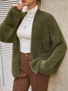 Cévolie Women's Solid Color Fluffy Casual Knit Cardigan - Green - View 3