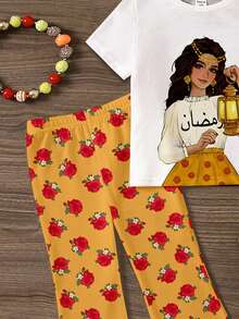 2pcs Tween Girls' Casual Cartoon Print Short Sleeve Top And Pants Set, Suitable For Summer - Multicolor - View 5