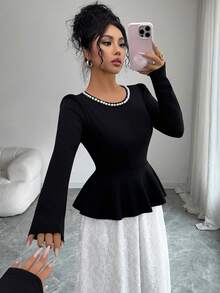 SHEIN Franclia فستان أنيق باللونين الأسود والأبيض بتصميم تكتيل الألوان وتفاصيل من الدانتيل والخرز على الهامة، بطراز فرنسي، للربيع المبكر - الأسود - مشاهدة 6