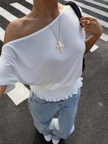 Muchica White Top  Knit Ruffle Edge One Shoulder T-Shirt White One Shoulder Blouse White - White - View 6