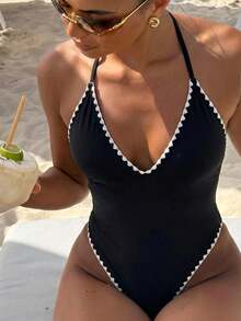 Bonvoyette Elegant Solid Color V-Neck Contrast Trim Decorated One-Piece Swimsuit, Spring/Summer