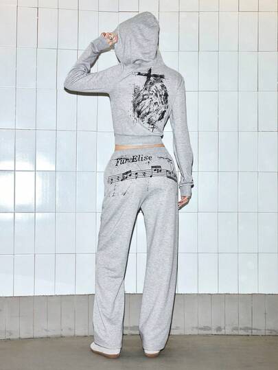 J-Fashion Retro Music Note Print Cropped Hoodie Set, American Style