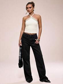 SHEIN BAE Women's Solid Color Contrast Lace Slim Fit Halter Neck Camisole - Apricot - View 4