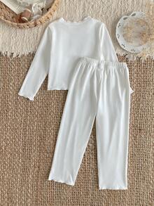 Girls Plain Knitted White Undershirt With Long Sleeves Ruffled Neckline And Bow Accents - White - View 2