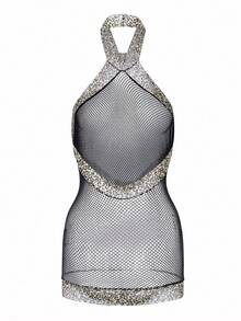 ChaseTheNight 女士性感高弹力半透明网眼吊带无袖睡袍，性感豹纹蕾丝花边，适合派对、庆典、夜总会 - 黑色 - 查看 4