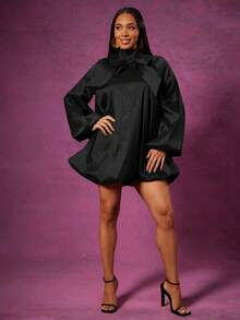 Vixey Bubble Sleeve & Hem Mock Neck Bow Tie Taffeta Dress - Black - View 2
