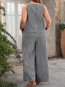 Rusticease 大码女式休闲度假黑白格子圆领无袖上衣衬衫搭配带口袋阔腿裤两件套，春夏款 - 黑與白 - 查看 4